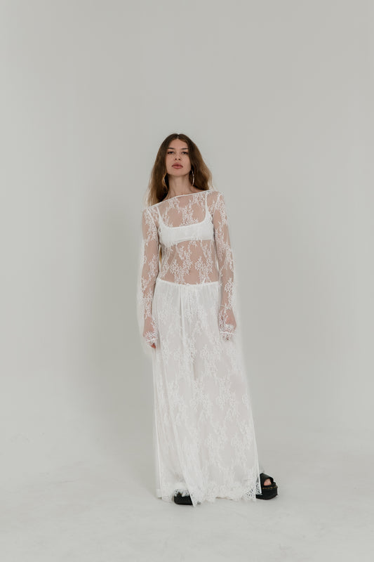 White Crochet Maxi Dress — Open Back & Long Sleeves