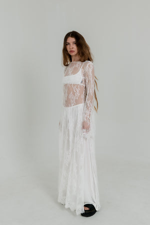 White Lace Maxi Dress — Open Back & Long Sleeves