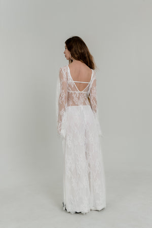 White Lace Maxi Dress — Open Back & Long Sleeves