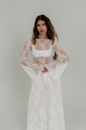 White Lace Maxi Dress — Open Back & Long Sleeves