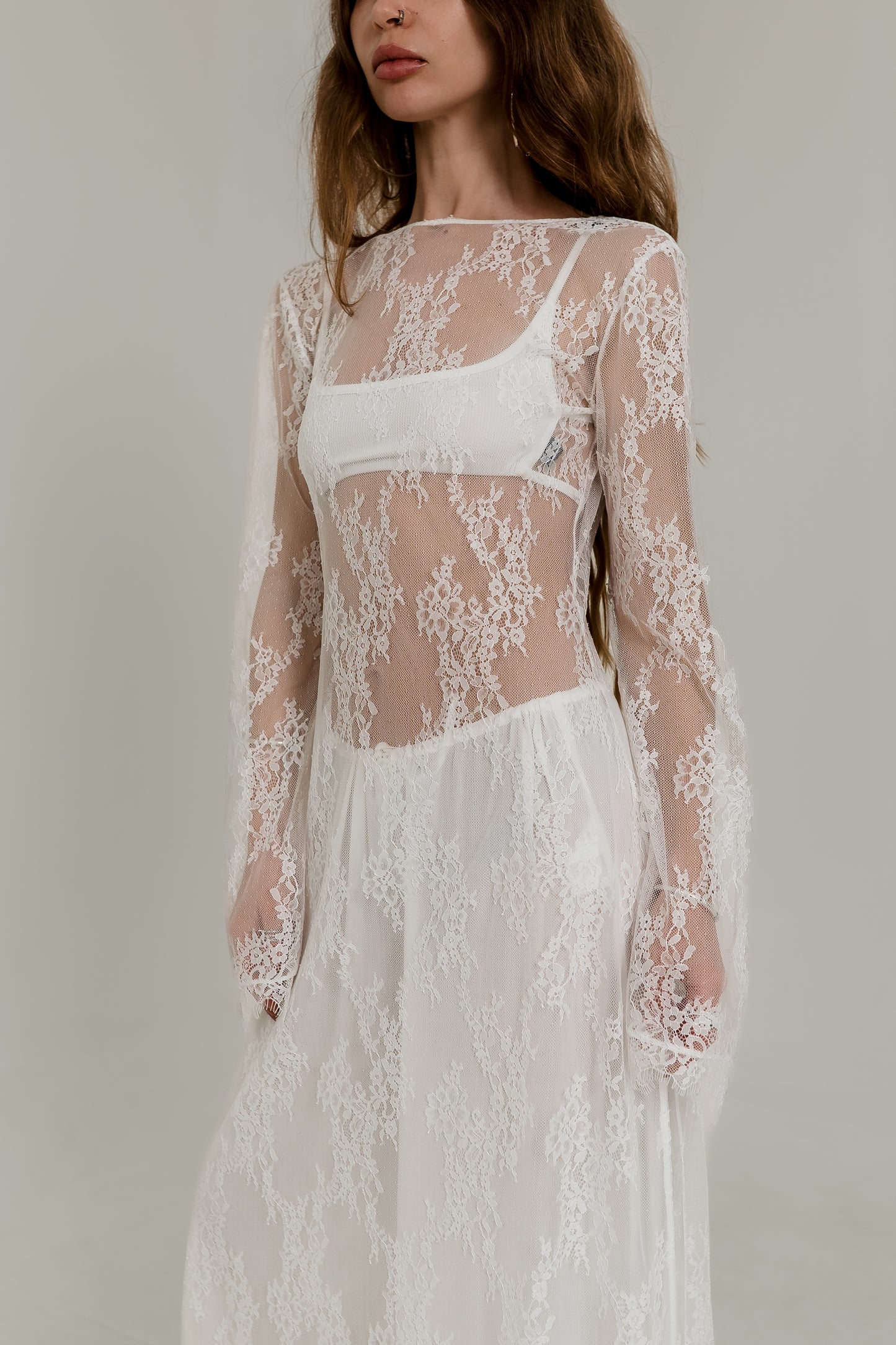 White Crochet Maxi Dress — Open Back & Long Sleeves