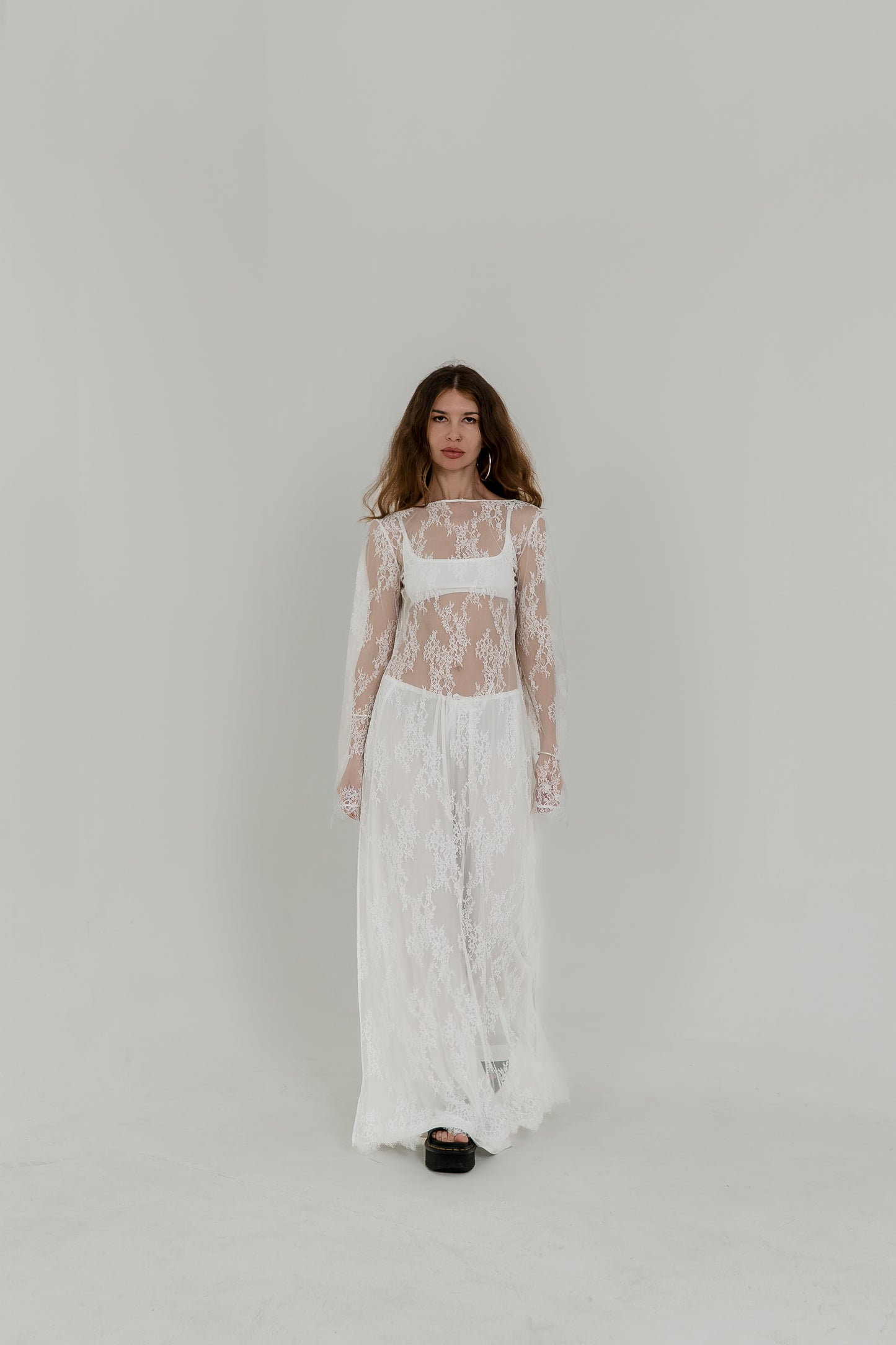 White Crochet Maxi Dress — Open Back & Long Sleeves