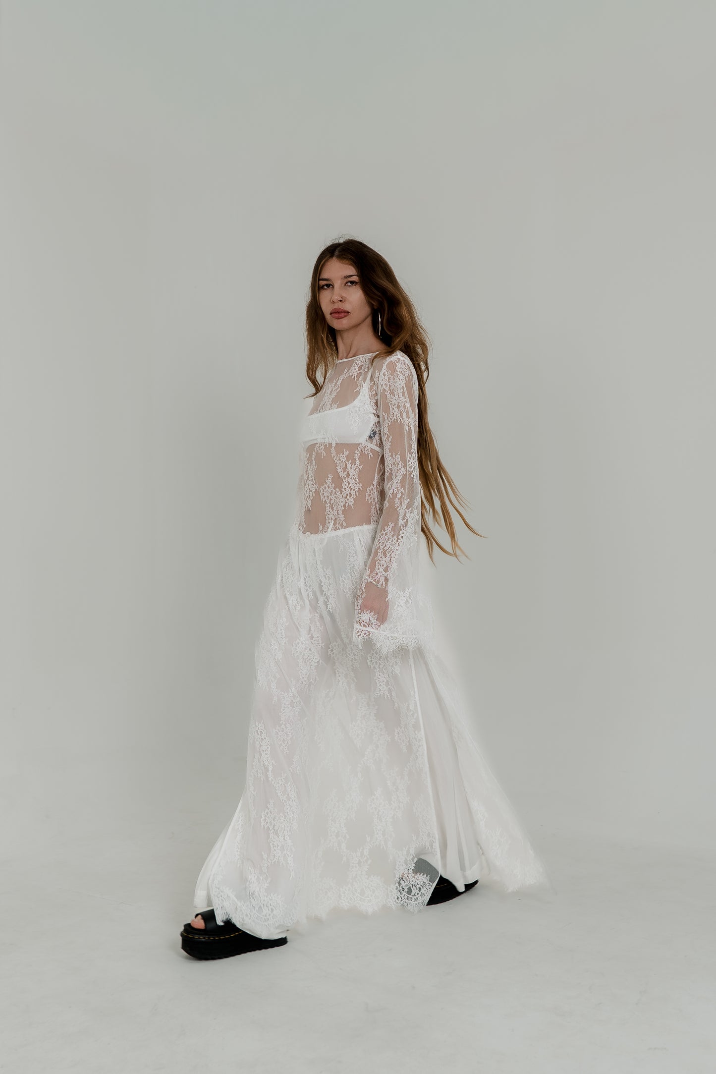 White Crochet Maxi Dress — Open Back & Long Sleeves