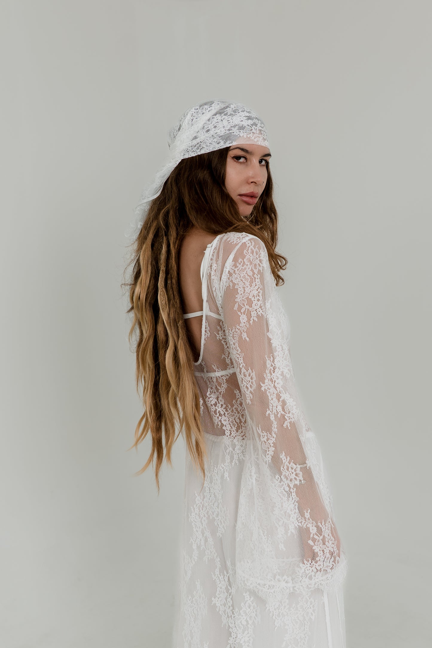 White Crochet Maxi Dress — Open Back & Long Sleeves