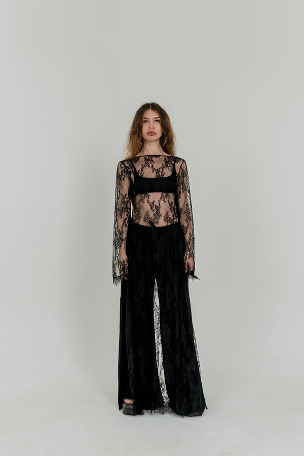 Long Black Lace Maxi Dress — Open Back & Flared Sleeves