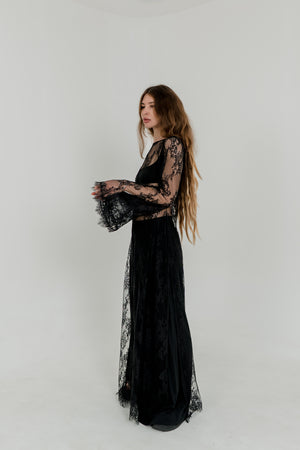 Long Black Lace Maxi Dress — Open Back & Flared Sleeves