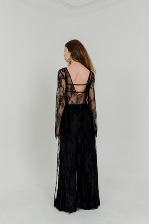 Long Black Lace Maxi Dress — Open Back & Flared Sleeves