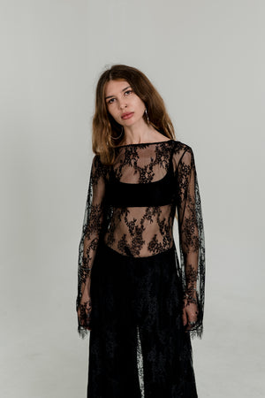 Long Black Lace Maxi Dress — Open Back & Flared Sleeves
