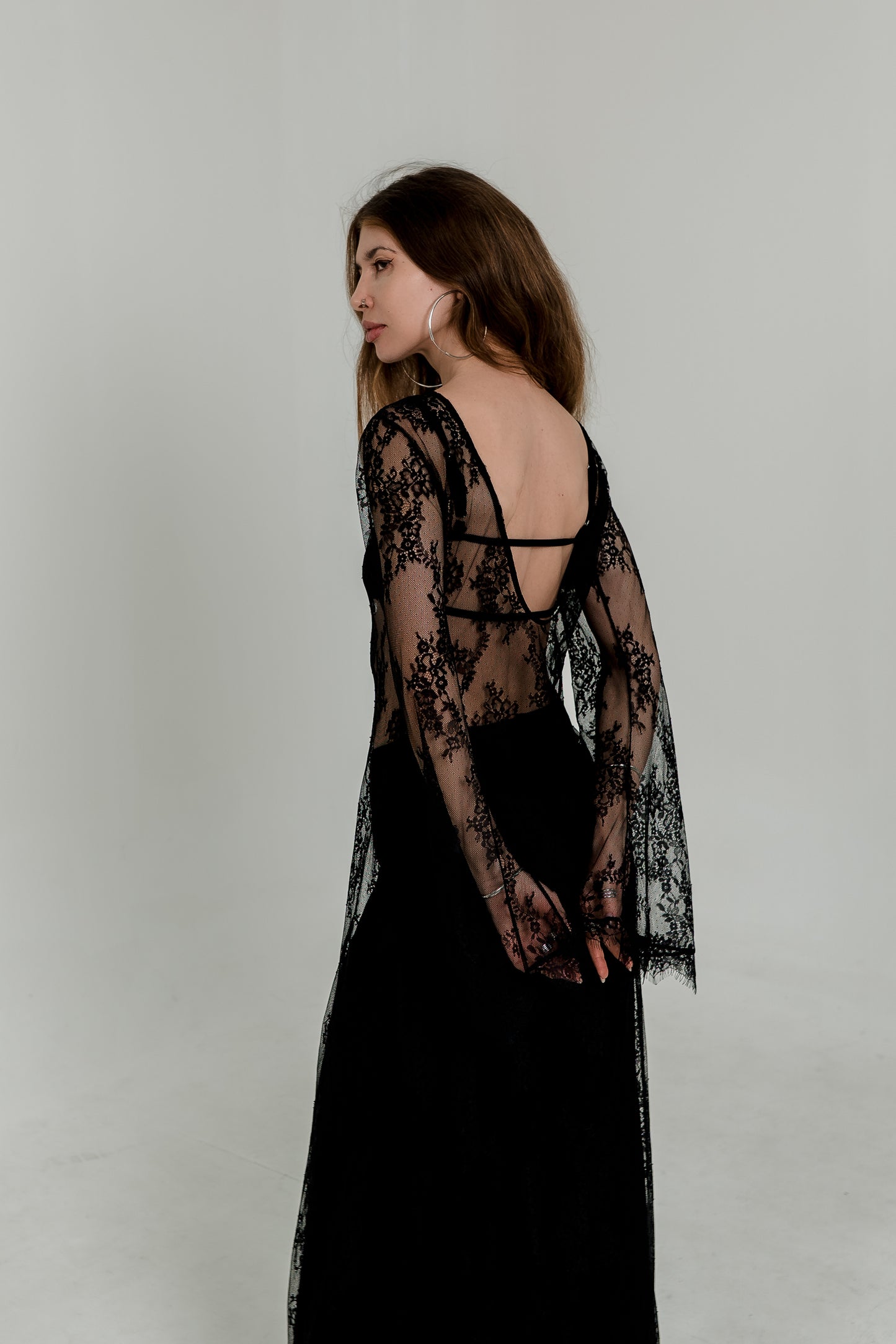 Long Black Crochet Maxi Dress — Open Back & Flared Sleeves