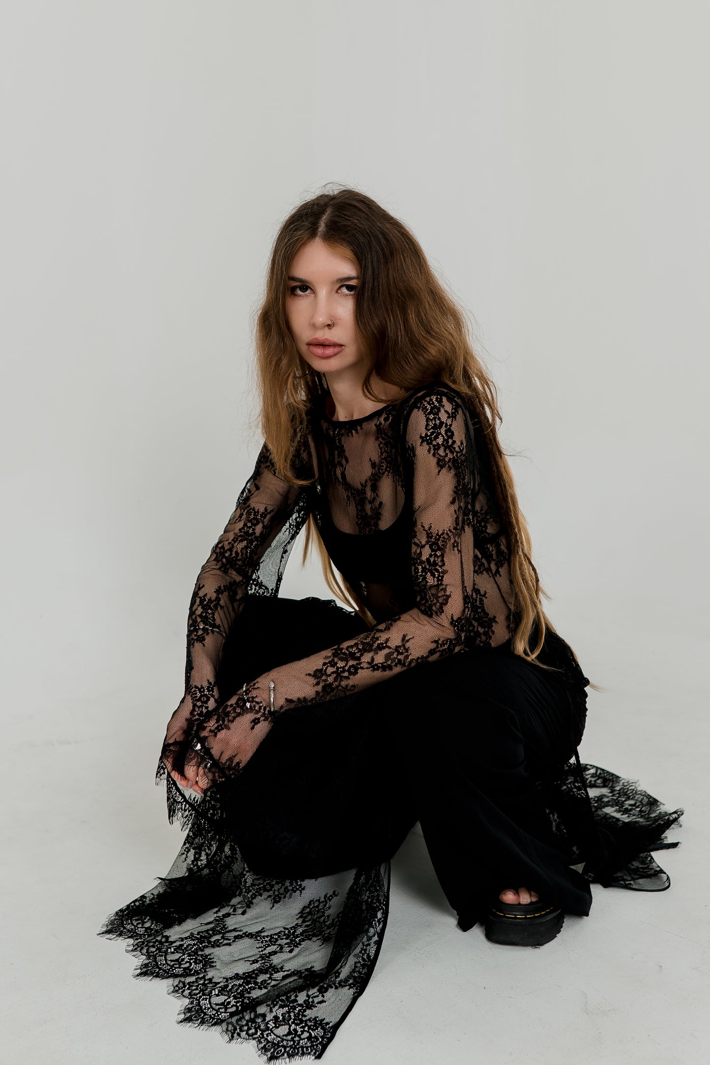 Long Black Crochet Maxi Dress — Open Back & Flared Sleeves