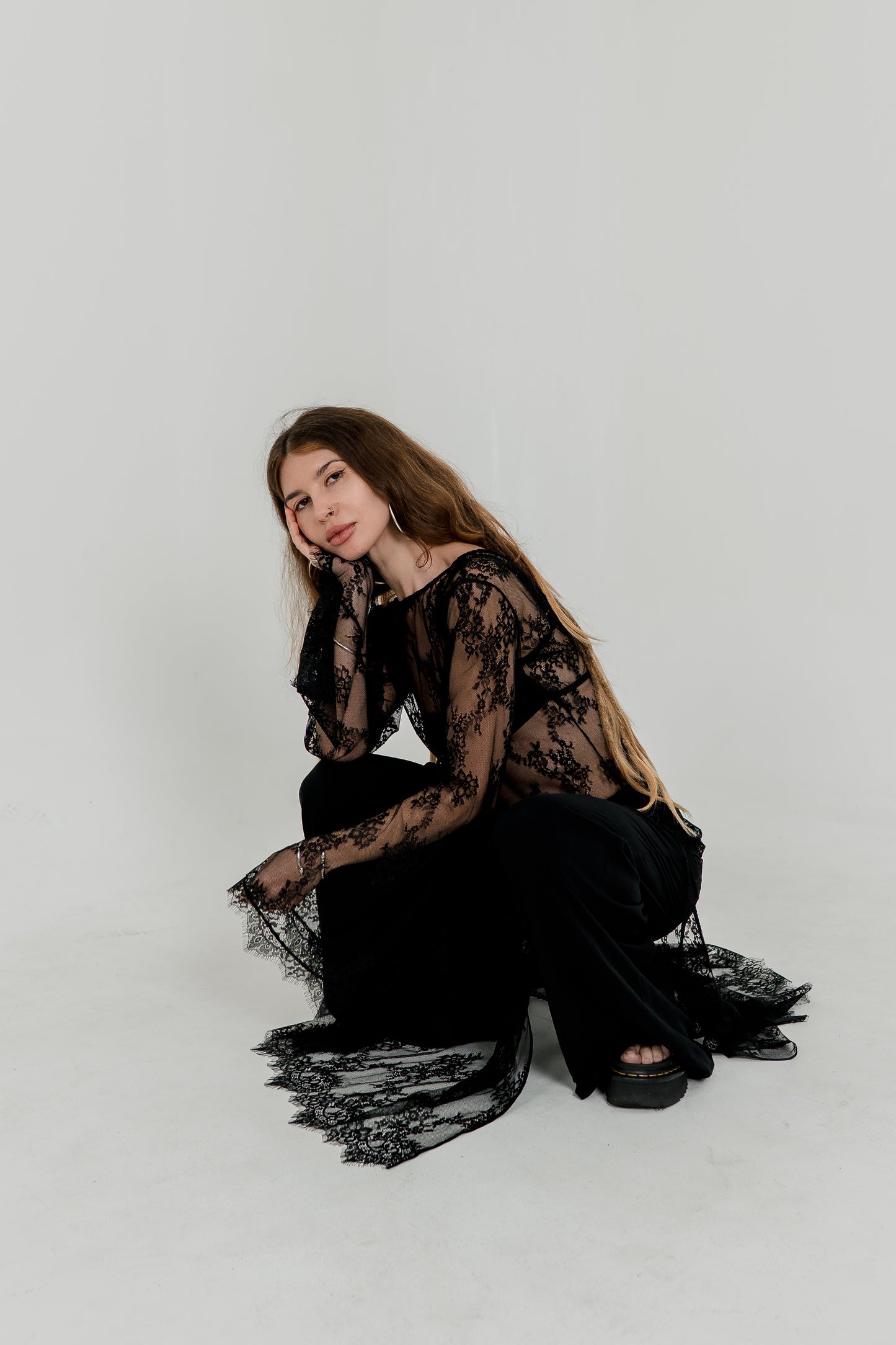 Long Black Crochet Maxi Dress — Open Back & Flared Sleeves