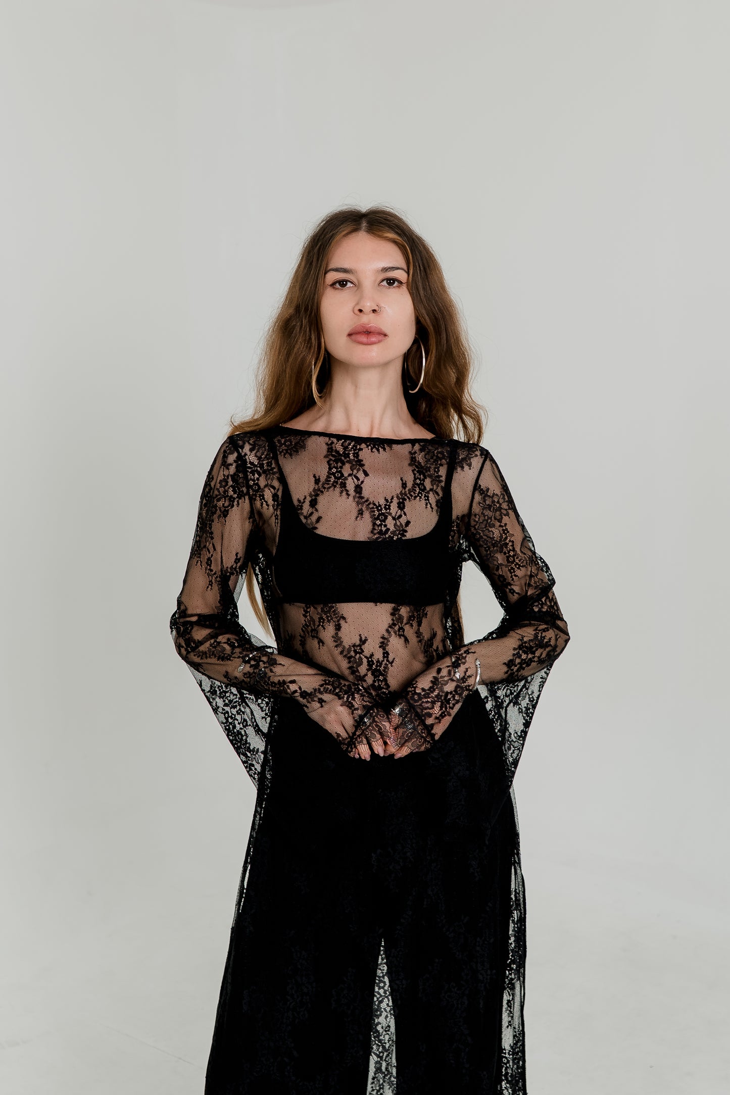 Long Black Crochet Maxi Dress — Open Back & Flared Sleeves