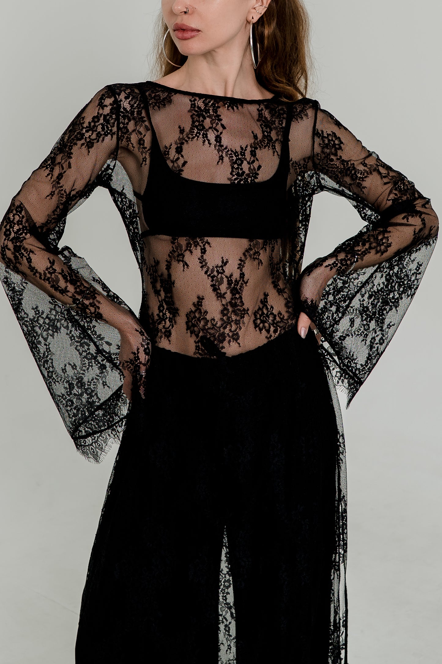 Long Black Crochet Maxi Dress — Open Back & Flared Sleeves