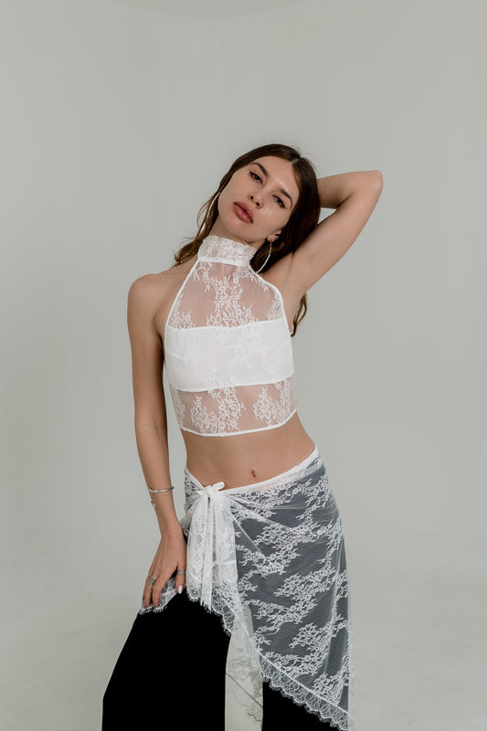 Lace High-Neck Crochet Top – Open Back & Fabric Ties