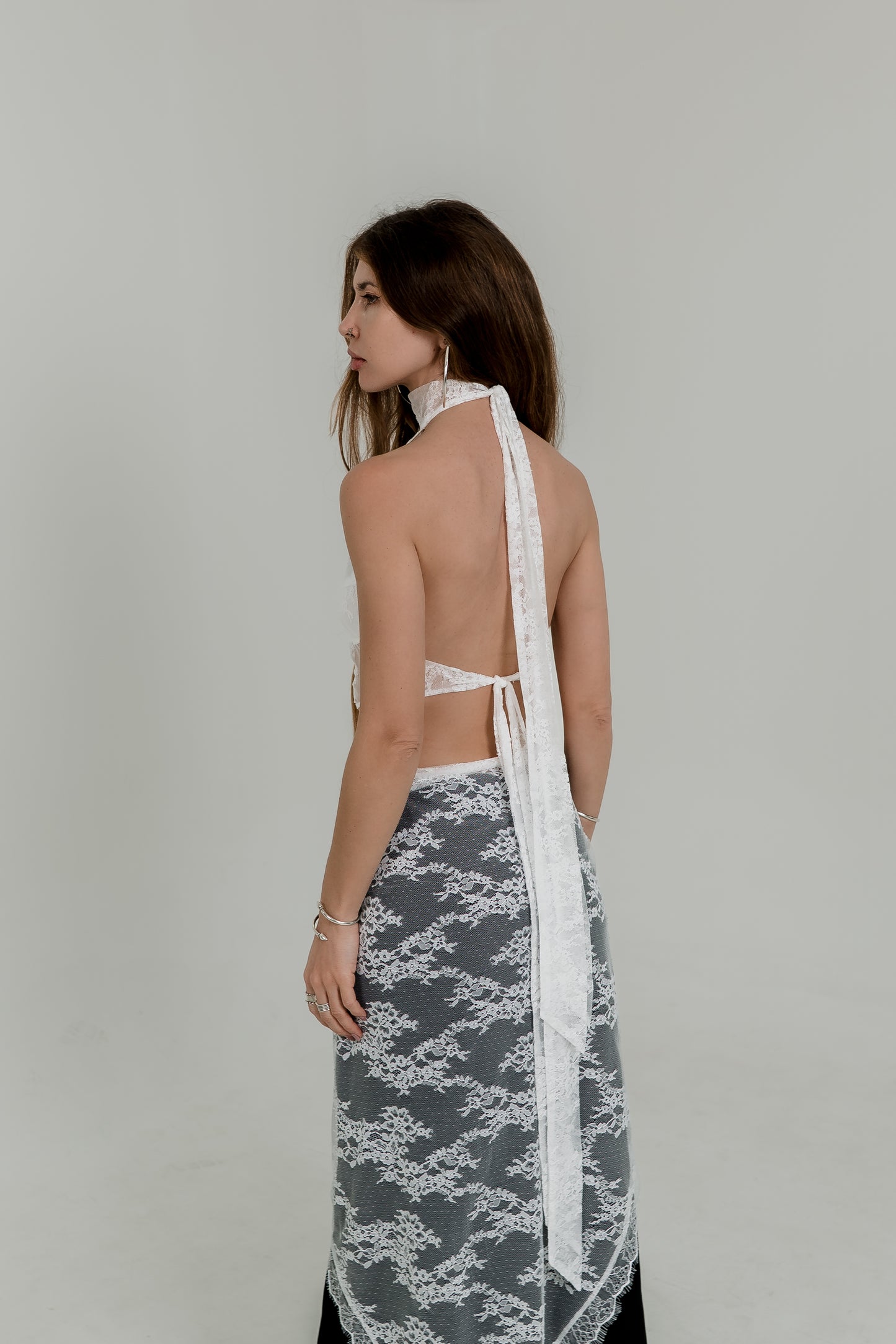 Lace High-Neck Crochet Top – Open Back & Fabric Ties