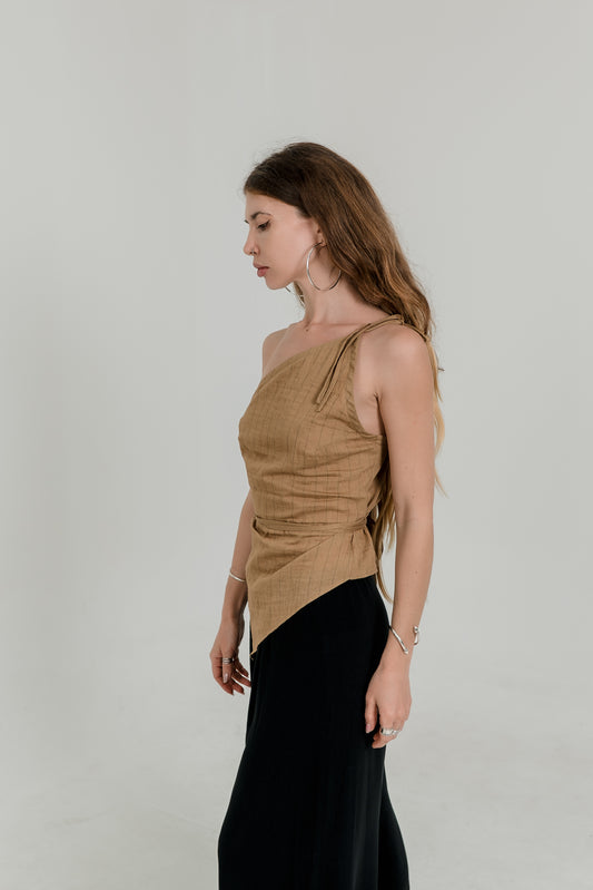 Asymmetric One-Shoulder Wrap Top – Desert Sand