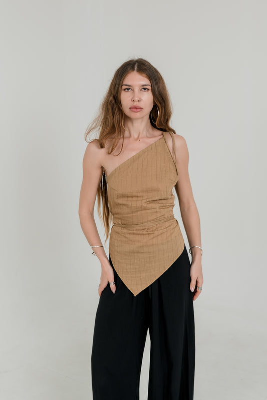 Asymmetric One-Shoulder Wrap Top – Desert Sand