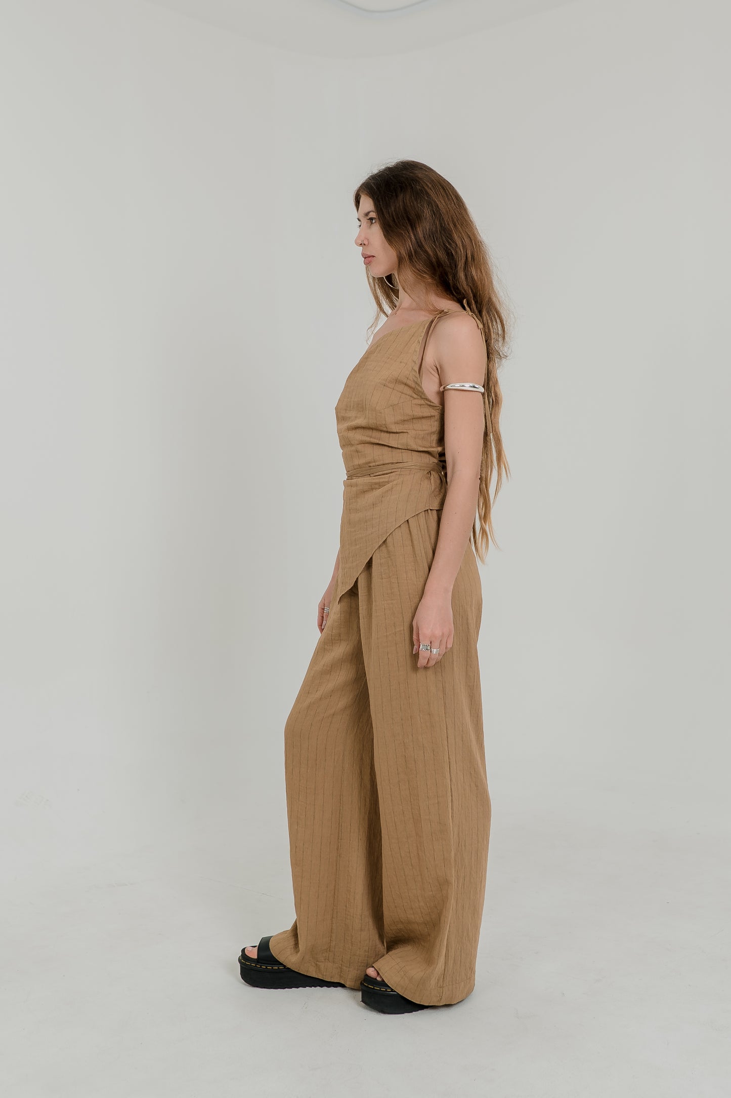 Nomad Palazzo Set – Sand Pinstripe with Detachable Wrap