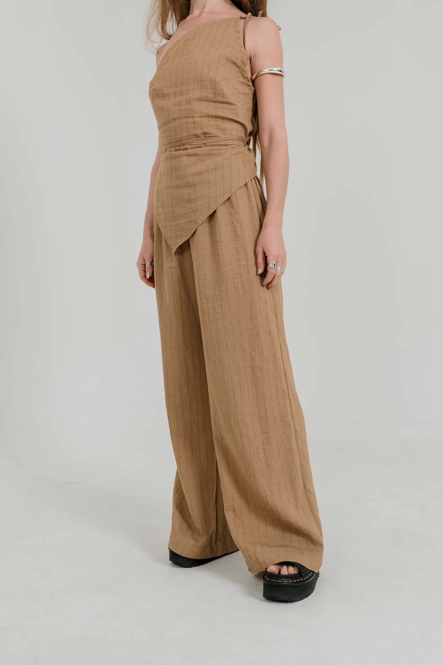 Nomad Palazzo Set – Sand Pinstripe with Detachable Wrap