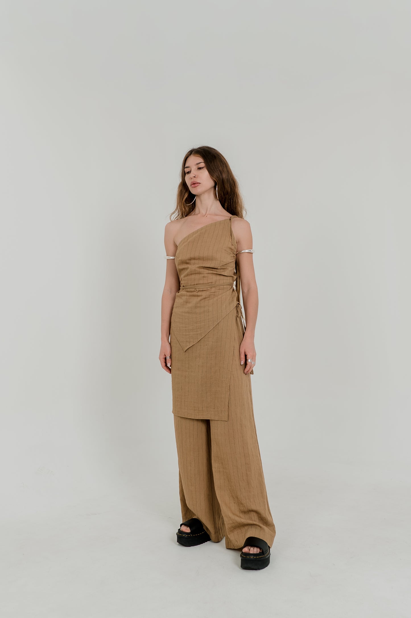 Nomad Palazzo Set – Sand Pinstripe with Detachable Wrap