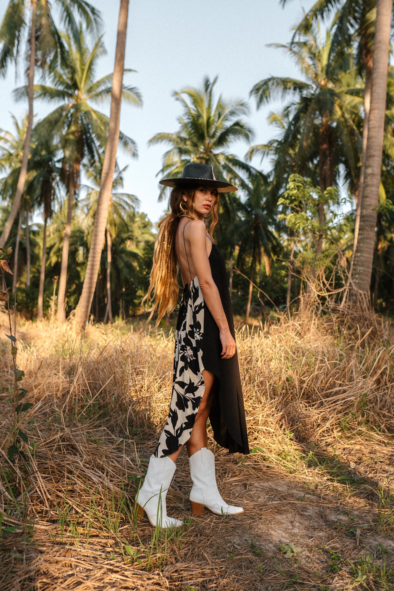 Women midi black slip dress with flower print