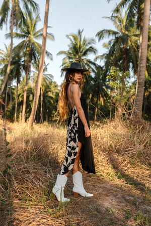 Women midi black slip dress with flower print