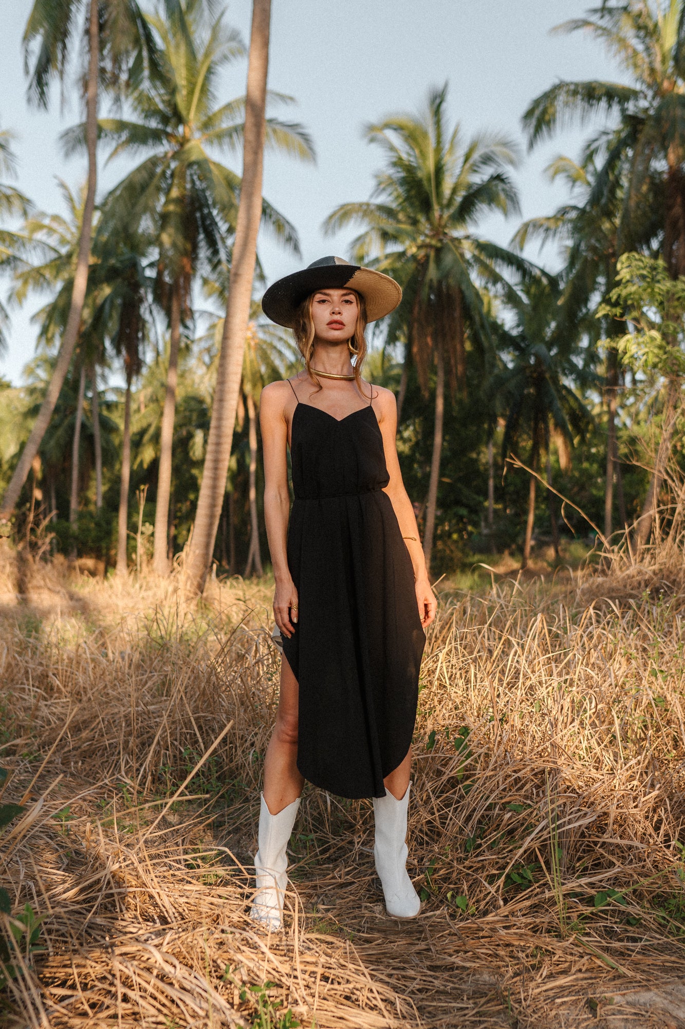 Women midi black slip dress with flower print