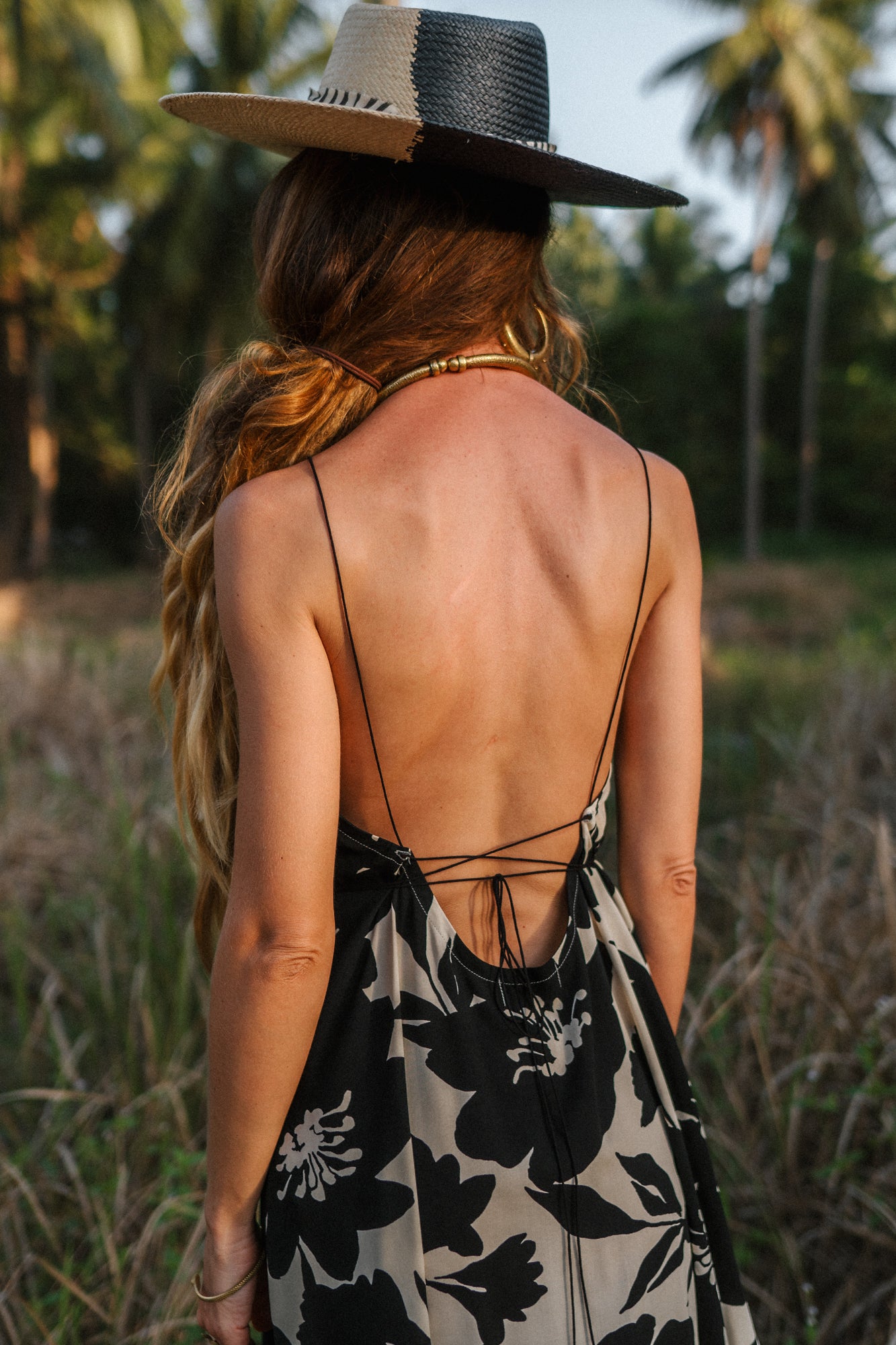 Women midi black slip dress with flower print