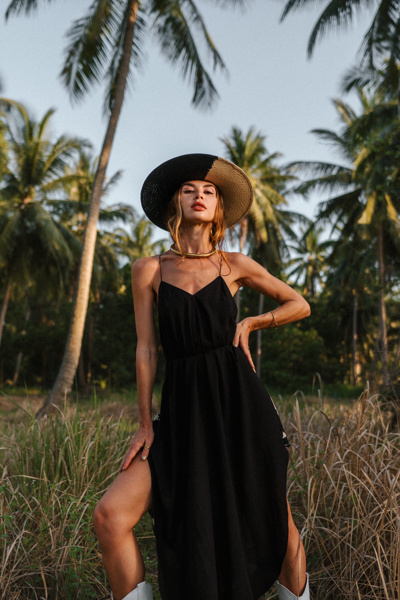 Women midi black slip dress with flower print