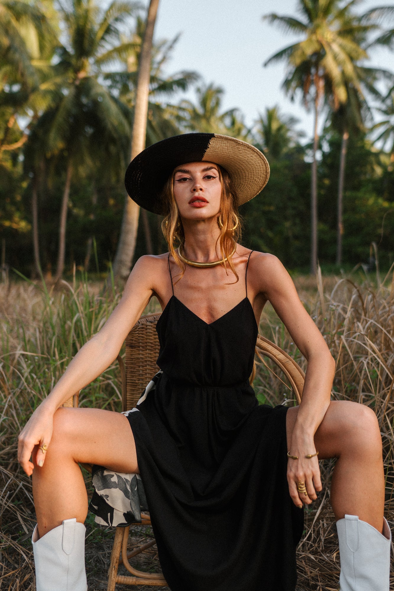 Women midi black slip dress with flower print