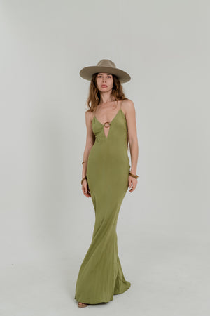 Olive Raya Maxi Dress – Open Back with Ring Detail