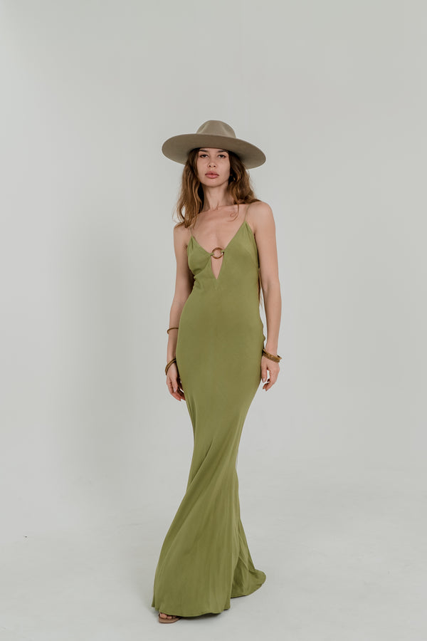 Olive Raya Maxi Dress – Open Back with Ring Detail
