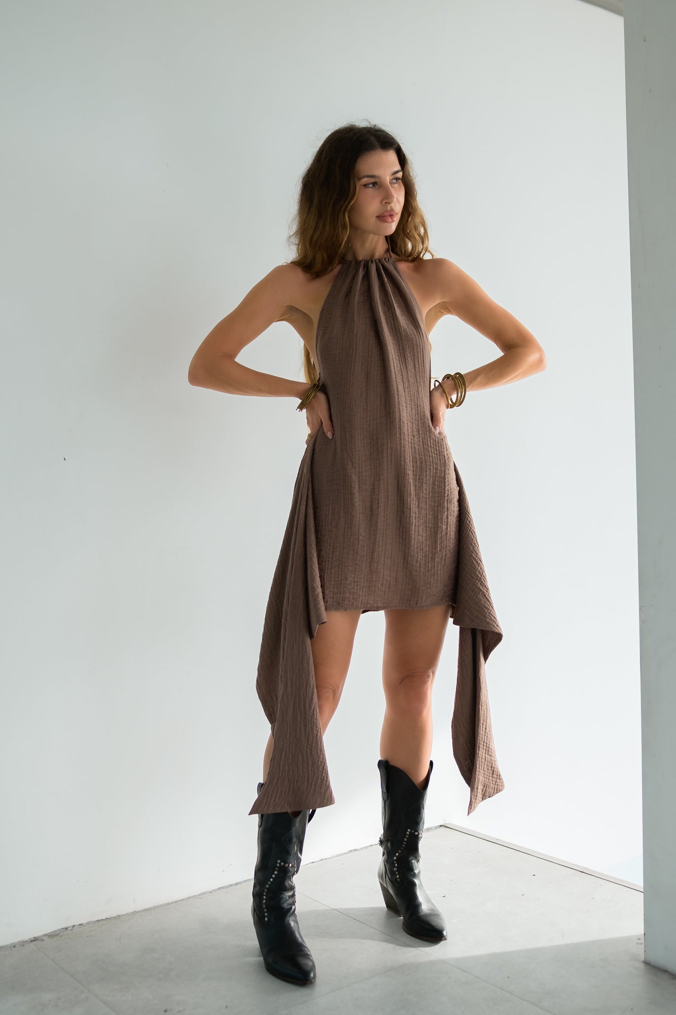 Eva Dress — Open Back Halter Mini Dress in Chocolate Brown Cotton