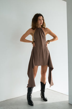 Eva Dress — Open Back Halter Mini Dress in Chocolate Brown Cotton