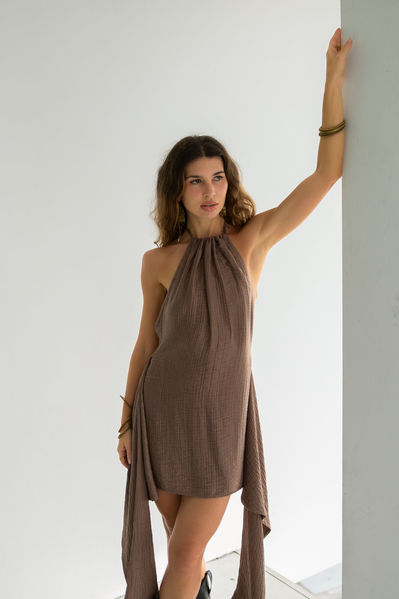 Eva Dress — Open Back Halter Mini Dress in Chocolate Brown Cotton
