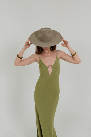 Olive Raya Maxi Dress – Open Back with Ring Detail
