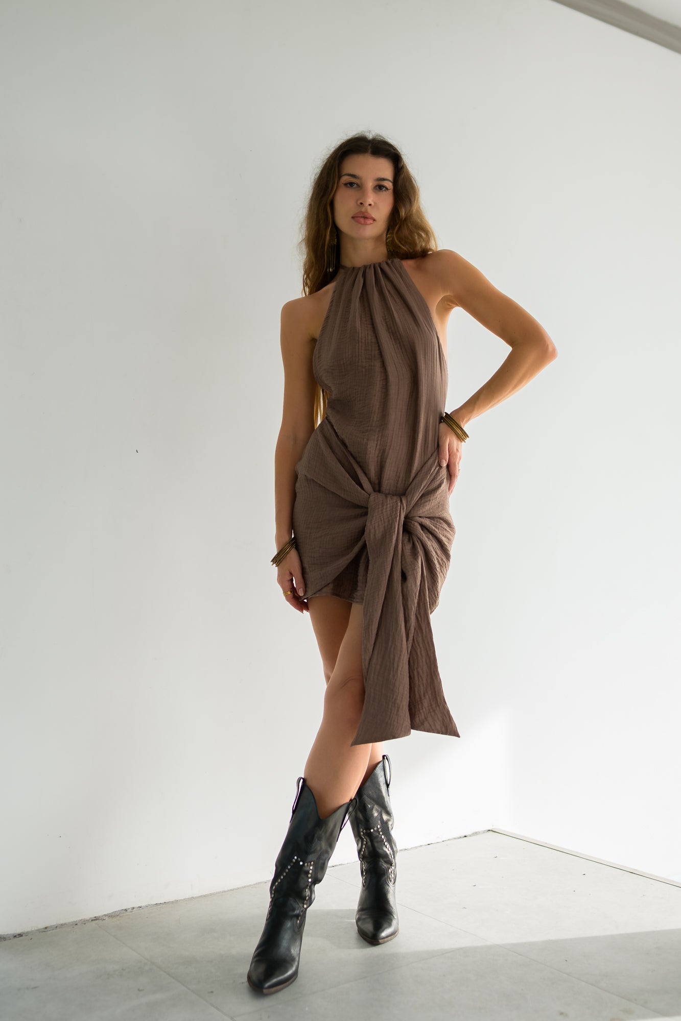 Eva Dress — Open Back Halter Mini Dress in Chocolate Brown Cotton
