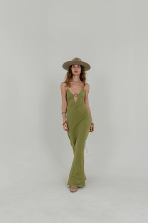 Olive Raya Maxi Dress – Open Back with Ring Detail
