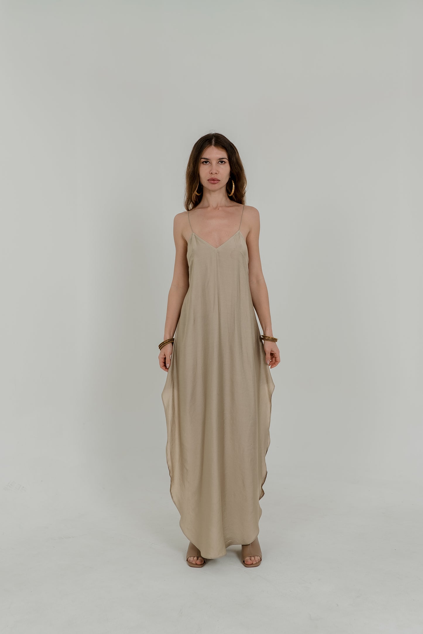 Beige Viscose Maxi Slip Dress – Adjustable Back