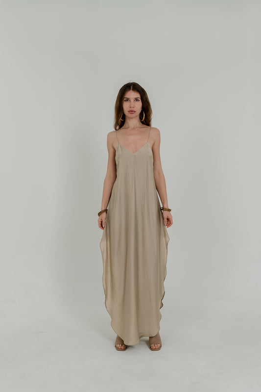 Beige Viscose Maxi Slip Dress – Adjustable Back