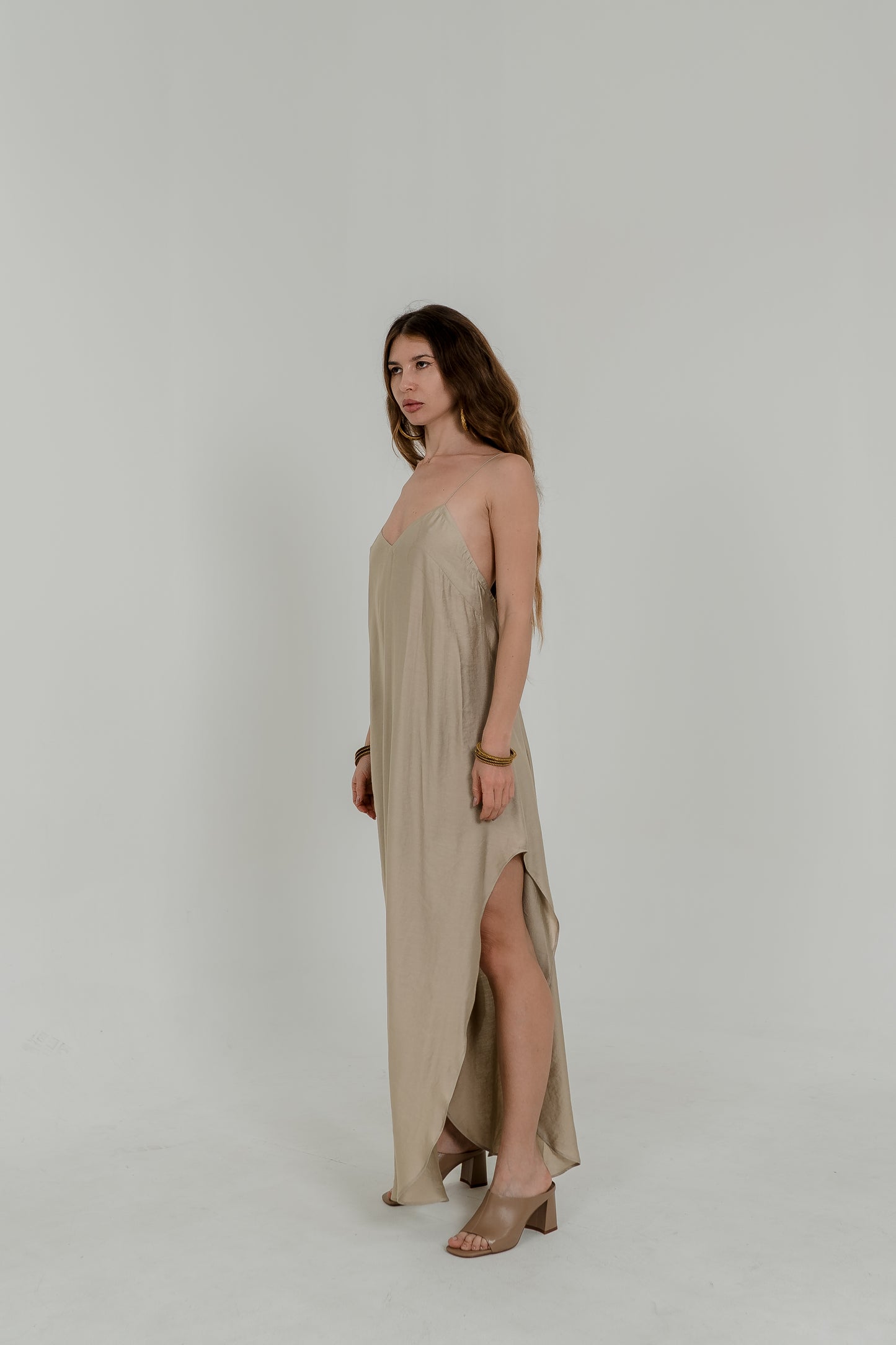 Beige Viscose Maxi Slip Dress – Adjustable Back