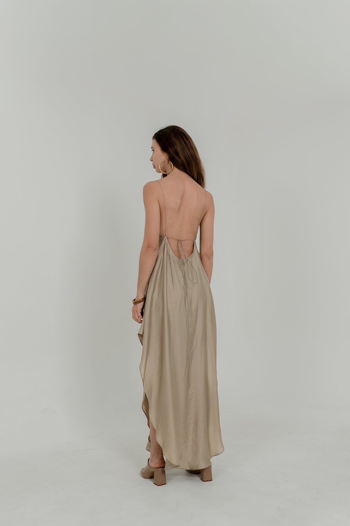 Beige Viscose Maxi Slip Dress – Adjustable Back