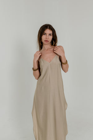 Beige Viscose Maxi Slip Dress – Adjustable Back