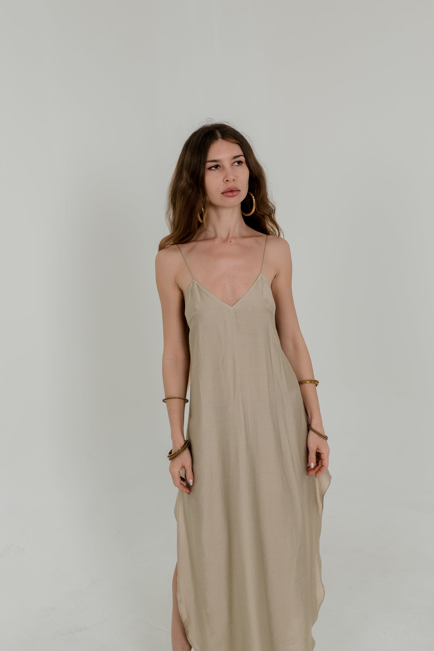 Beige Viscose Maxi Slip Dress – Adjustable Back