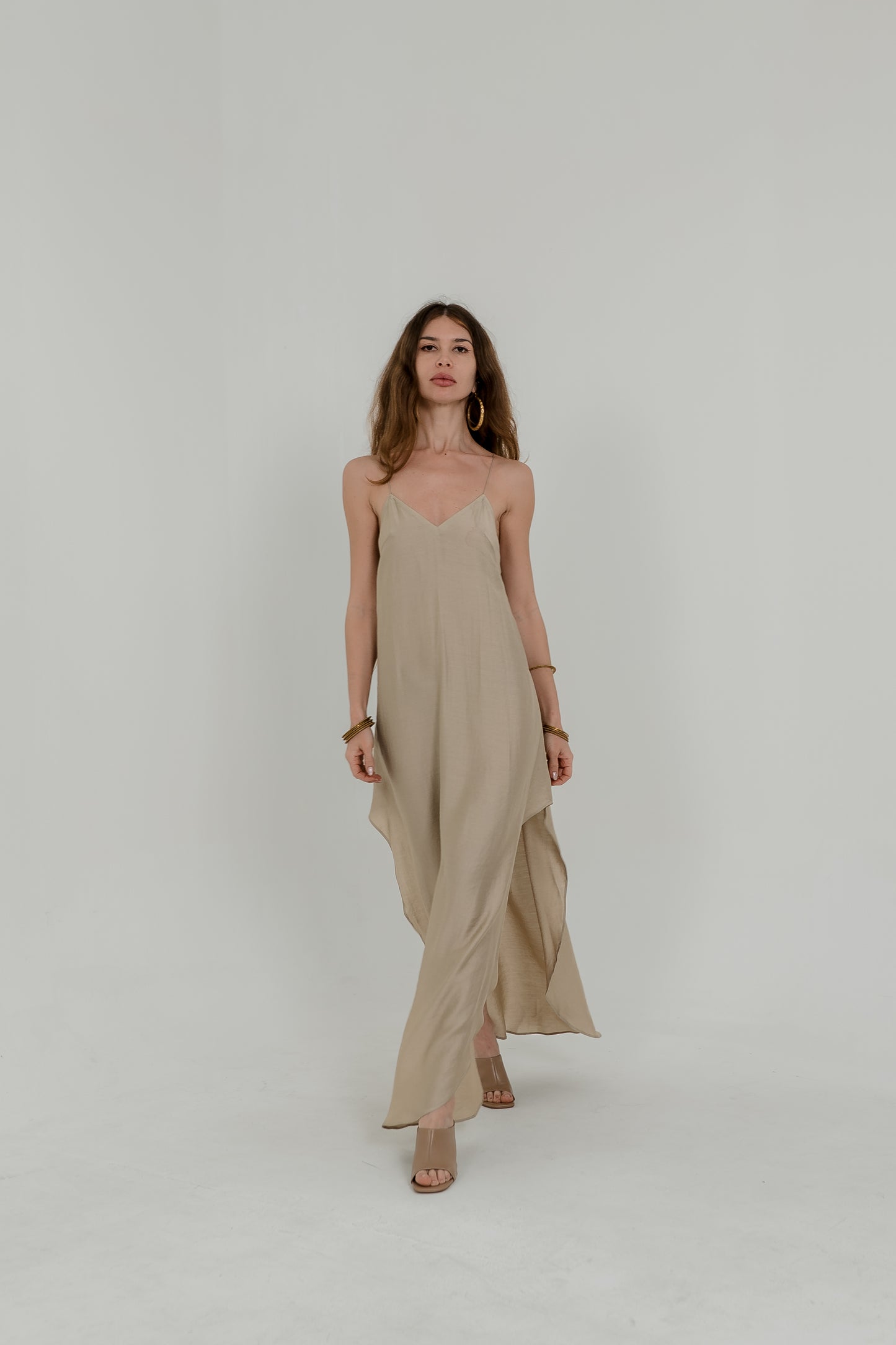Beige Viscose Maxi Slip Dress – Adjustable Back