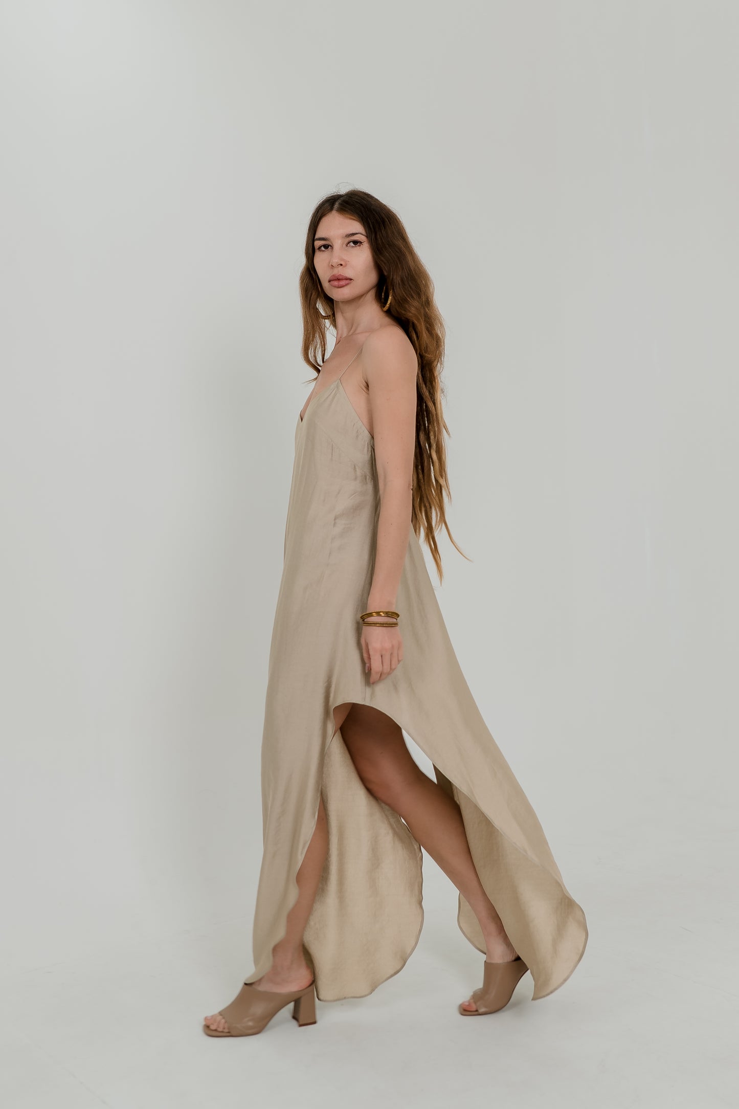 Beige Viscose Maxi Slip Dress – Adjustable Back