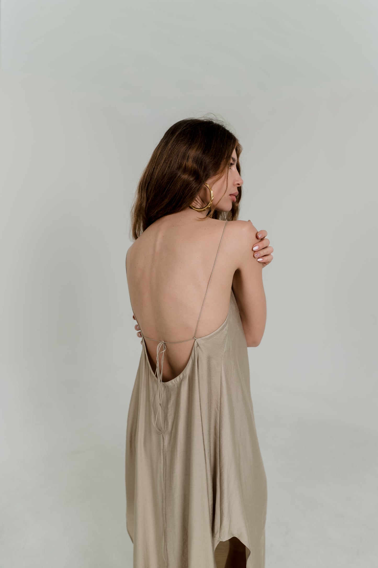 Beige Viscose Maxi Slip Dress – Adjustable Back