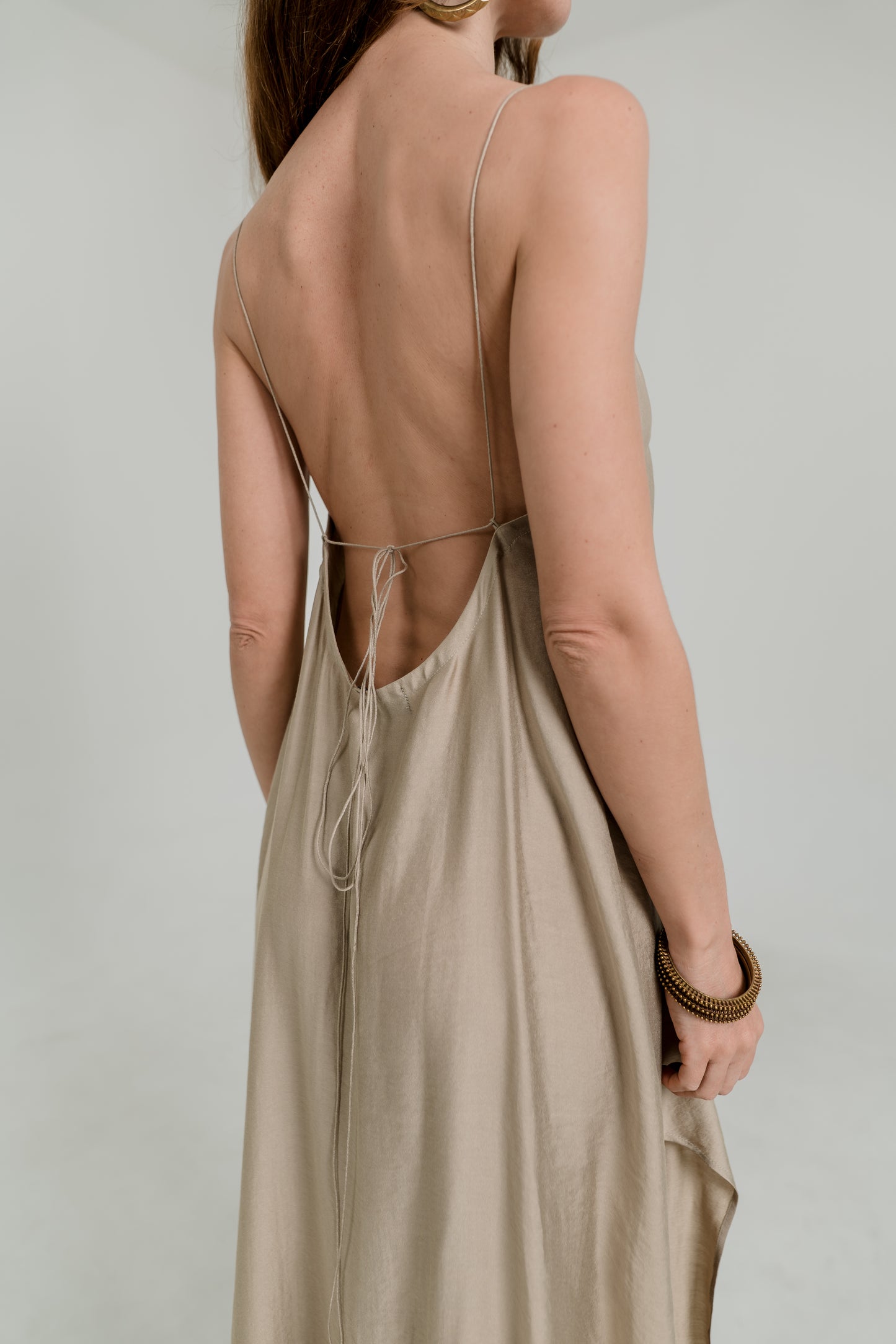 Beige Viscose Maxi Slip Dress – Adjustable Back