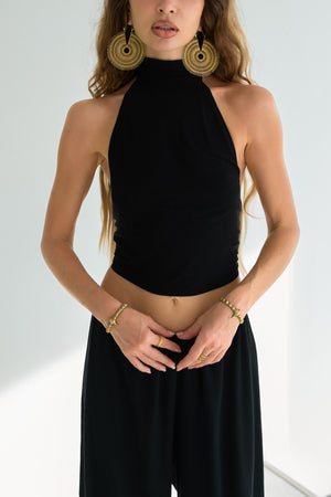 Sia High Neck Halter Crop Top - Open Back Viscose Jersey