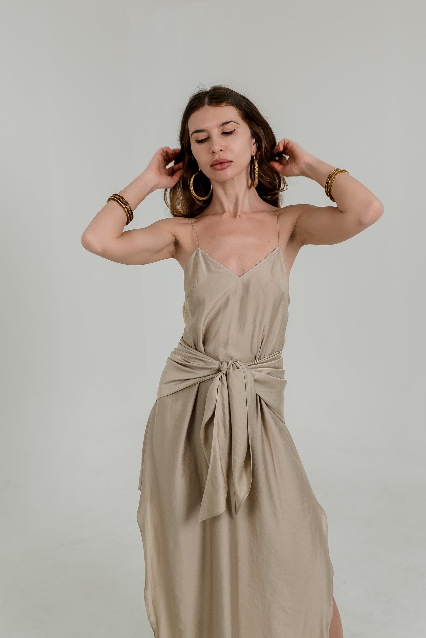 Beige Viscose Maxi Slip Dress – Adjustable Back